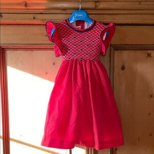 Red Kids Dress with Ruffle Sleeves and Smocked Bodice